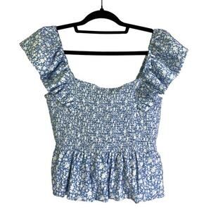 NATION LTD Blue & White Cotton Floral Jenny Tie-Back Smocked Crop Top‎ Size M